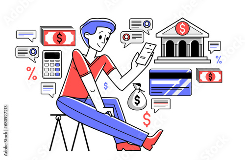 Online banking vector outline illustration, manager working with finances or customer manages his account with deposit or credit, e-banking.