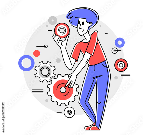 Mechanic engineer working on a draft plan vector illustration, inventor or repair job, engineering machine industry, system technician.