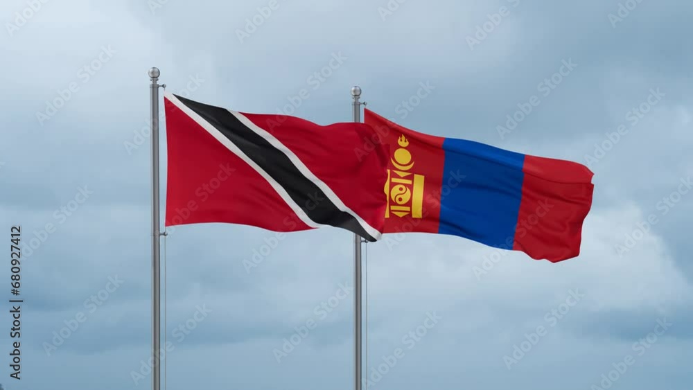 Mongolia and Trinidad and Tobago flag waving together on cloudy sky, endless seamless loop, two country cooperation concept Mongolia and Trinidad and Tobago flag waving together on cloudy sky, endless seamless loop, two country cooperation concept