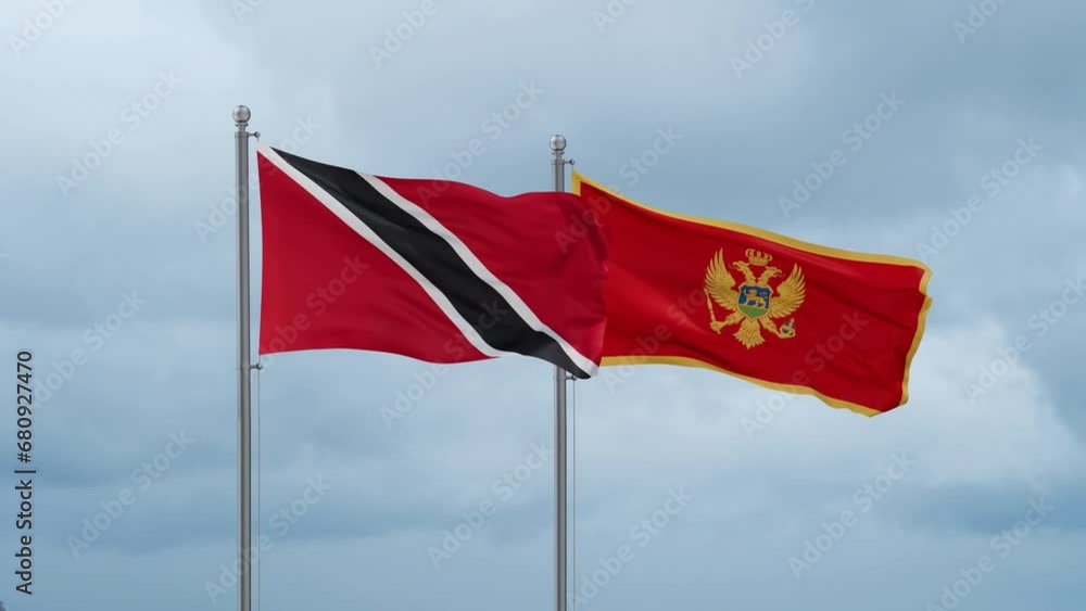 Montenegro and Trinidad and Tobago flag waving together on cloudy sky, endless seamless loop, two country cooperation concept Montenegro and Trinidad and Tobago flag waving together on cloudy sky, endless seamless loop, two country cooperation concept