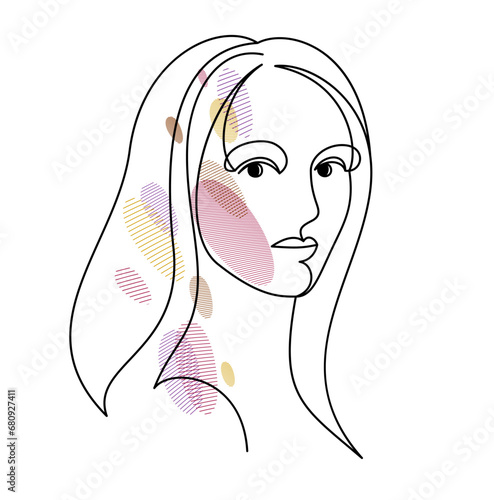 Woman beauty face vector linear illustration, delicate line art of attractive girl portrait, abstract feminine drawing minimal style isolated.