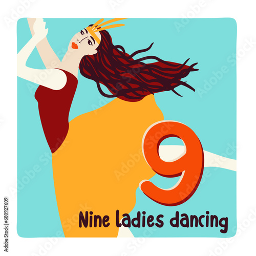 Nine ladies dancing. Twelve days of Christmas. Vector illustration.