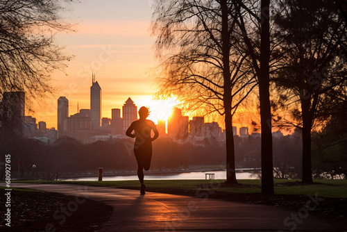 A dynamic, early morning scene featuring a determined jogger, embarking on a New Year's fitness resolution. The setting is a tranquil city park just before sunrise, with the city sk