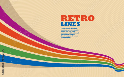 Retro style abstract background with curve lines in all colors of rainbow, 3D dimensional seventieth vector art.