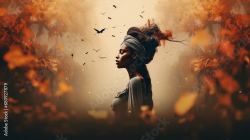 mindful double exposure portrait of an african american woman in serene autumn setting photo