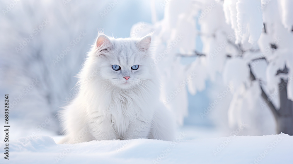 White cat in the snow, winter  wallpaper. 