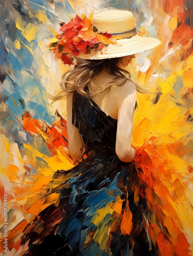 A Painting Of A Woman In A Dress And Hat - Back of woman with big hat ...