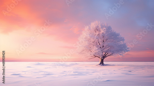 Winter snowy wallpaper. A tree standing on a snowy field against a pink and orange frosty sunset sky.