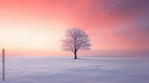 Winter snowy  wallpaper. A tree standing  on a snowy field against a pink and orange frosty sunset sky. © reddish