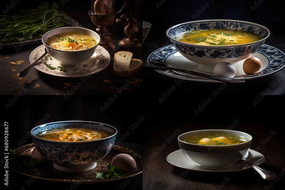 Egg Soup, Chicken Eggs Soup Bowl, Abstract Generative AI Illustration Egg Soup, Chicken Eggs Soup Bowl, Abstract Generative AI Illustration