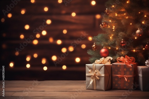 christmas and new year background with gift boxes, christmas tree, fireplace and christmas lights on the background. Festive background with copy space. Generative AI