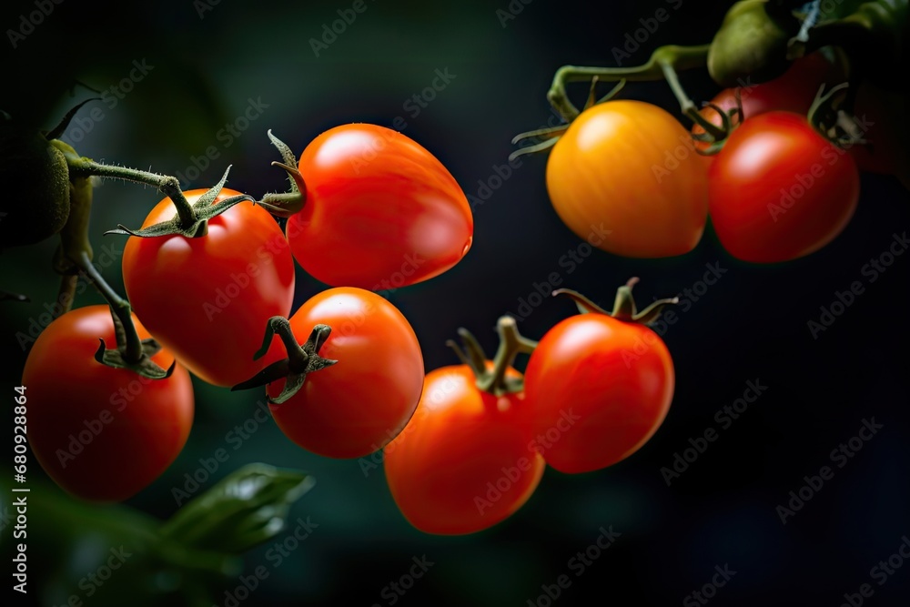 Flying Tomatoes, Whole Falling Cherry Tomato on Black