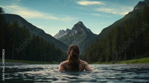 Close-up of woman practicing wild swimming  relaxing in mountain lake in nature  back view. create using a generative ai tool 