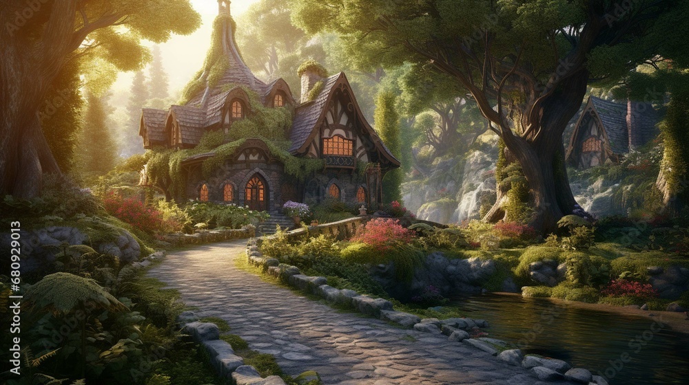 Fantasy forest village illustration, magical storybook town. create using a generative ai tool 