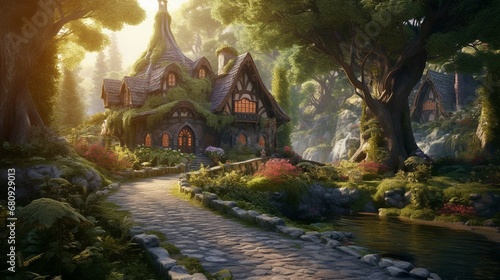 Fantasy forest village illustration, magical storybook town. create using a generative ai tool 