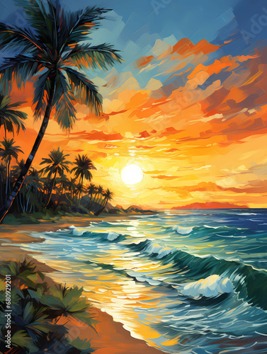 A Sunset Over A Beach - Beach paradise sunset with tropical palm trees