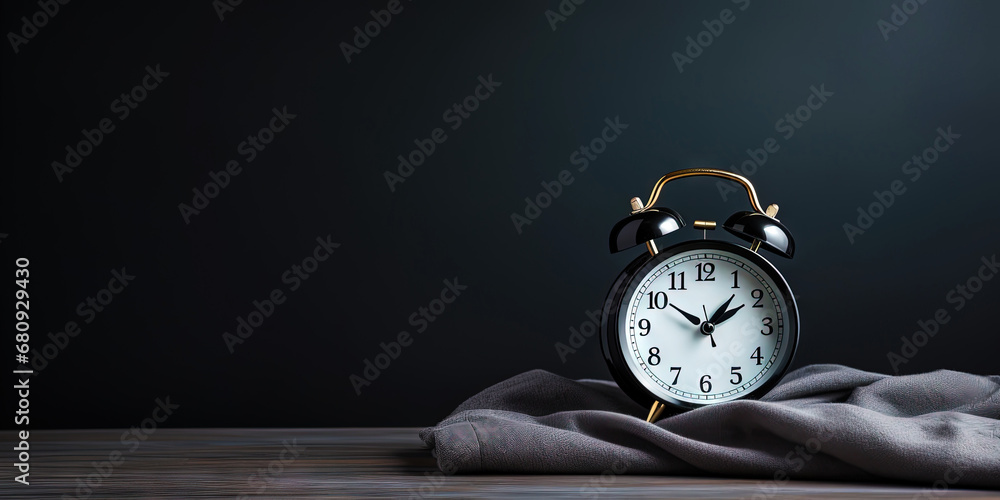 Retro alarm clock on dark interior background. Time to work or get up concept. Generative AI Retro alarm clock on dark interior background. Time to work or get up concept. Generative AI