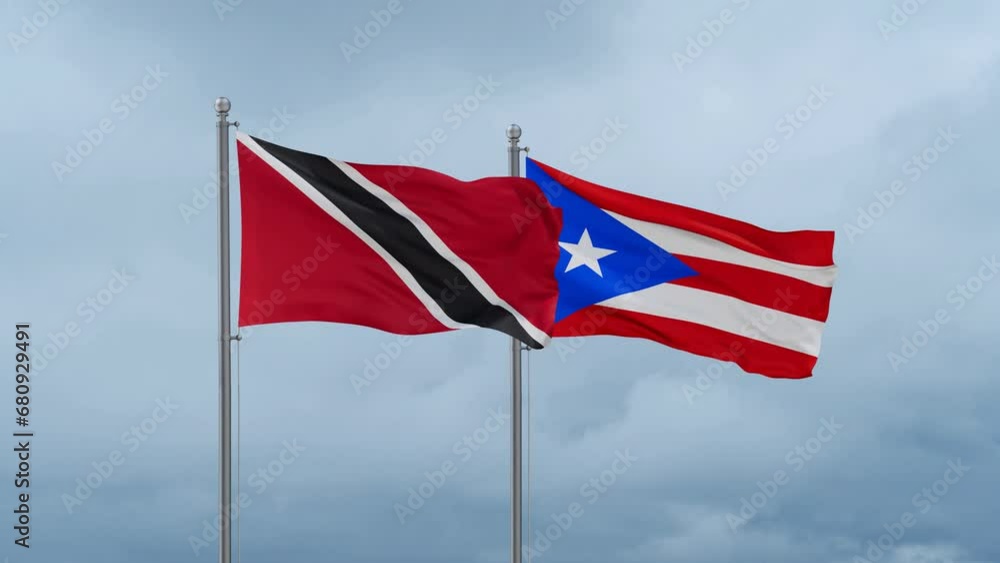 Puerto Rico and Trinidad and Tobago flag waving together on cloudy sky, endless seamless loop, two country cooperation concept Puerto Rico and Trinidad and Tobago flag waving together on cloudy sky, endless seamless loop, two country cooperation concept