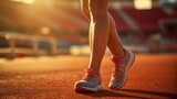 Woman runner holding leg suffering from muscle and tendon sprain pain in ankle at outdoor stadium, close-u. create using a generative ai tool 