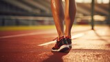 Woman runner holding leg suffering from muscle and tendon sprain pain in ankle at outdoor stadium, close-u. create using a generative ai tool 