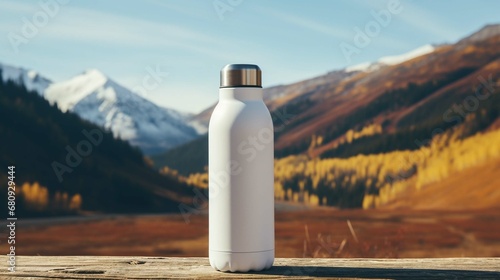 White camping vacuum flask mockup in mountains, thermos with blank space. create using a generative ai tool 