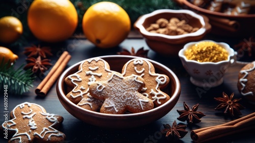 Christmas gingerbread man cookies and spices stock photo