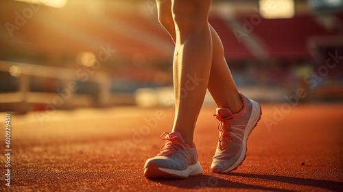Woman runner holding leg suffering from muscle and tendon sprain pain in ankle at outdoor stadium, close-u. create using a generative ai tool  © Ahtesham