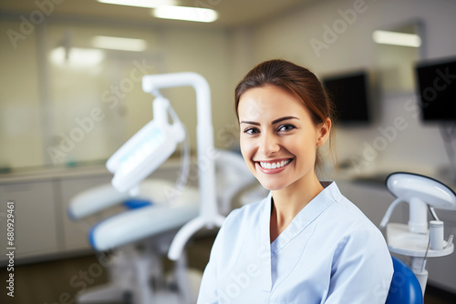 Smiling women dentist at work. Women dentist in her office. Work. AI. 