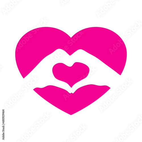 Logo del día de San Valentín. Silueta de corazón con manos haciendo símbolo de amor en espacio negativo para su uso en felicitaciones y tarjetas
