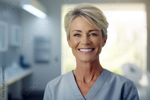 Smiling women dentist at work. Women dentist in her office. Work. AI. 