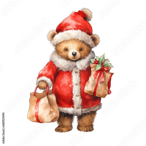 Cute watercolor teddy bear. Santa Claus teddy bear © Кseniia_designer