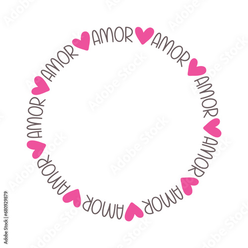 Logo del día de San Valentín. Marco circular con silueta de corazones y palabra amor en español para su uso en felicitaciones y tarjetas