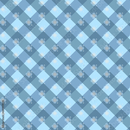 Gingham check plaid seamless pattern in cobalt blue with flower for tablecloth, scarf, flannel shirt, other modern fashion textile print.
