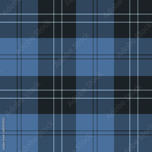 Lumberjack plaid check pattern in black and cobalt blue collection. Scottish seamless tartan with harringbone classic line grid for textile.