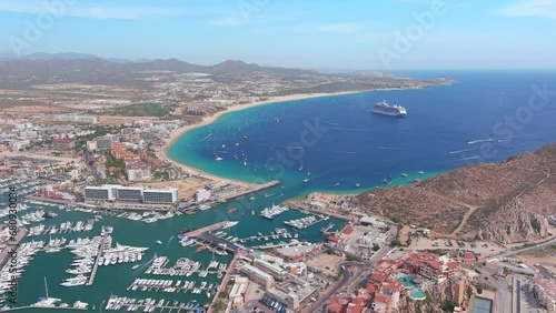 Mexico, Cabo San Lucas: Aerial view of famous resort city on southern tip of Baja California peninsula, Medano Beach (Playa El Medano) - landscape panorama of Latin America from above photo