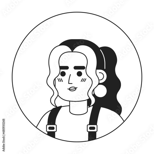 Curly hair latina girl relaxed smiling black and white 2D vector avatar illustration. Posing latin american young adult woman outline cartoon character face isolated. Casual headshot flat portrait