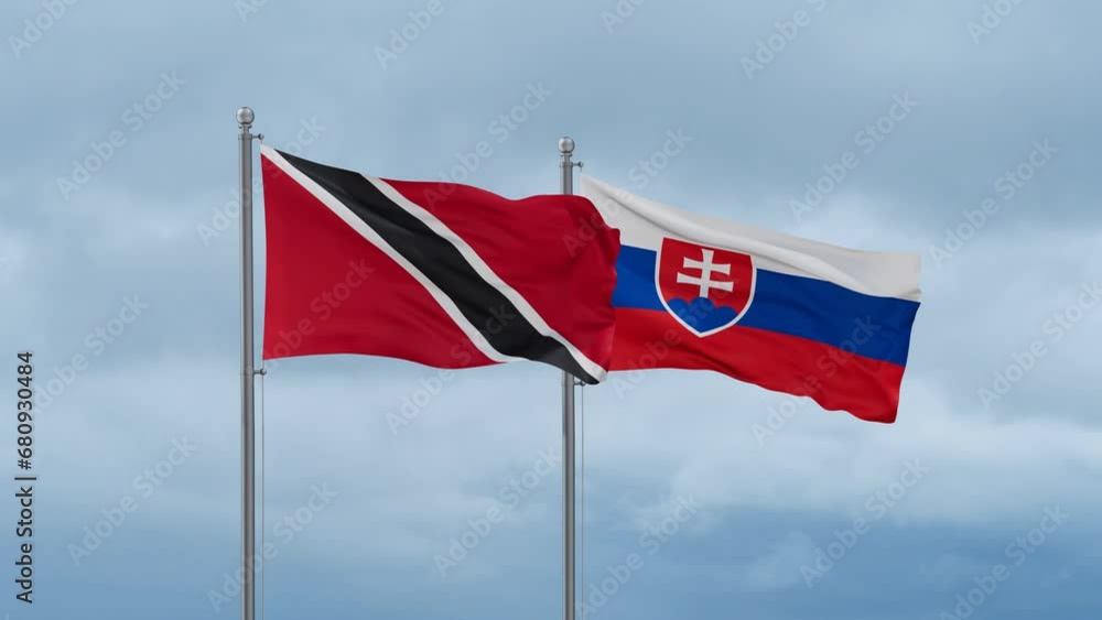 Slovak Republic or Slovakia and Trinidad and Tobago flag waving together on cloudy sky, endless seamless loop, two country cooperation concept Slovak Republic or Slovakia and Trinidad and Tobago flag waving together on cloudy sky, endless seamless loop, two country cooperation concept