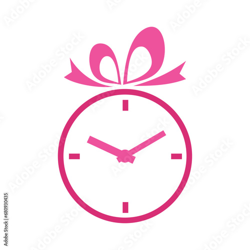 Logo tiempo de regalos. Silueta de esfera de reloj simple con líneas con cinta de caja de regalo para su uso en tarjetas y felicitaciones