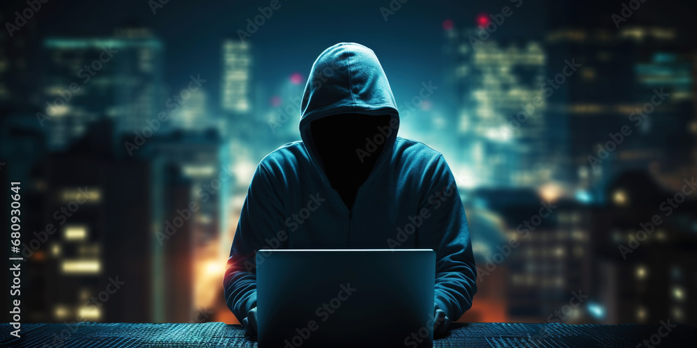 Cybernetic Enigma: Silhouetted Technomancer. Hacker with data flow behind in a dark room. Generative AI Cybernetic Enigma: Silhouetted Technomancer. Hacker with data flow behind in a dark room. Generative AI
