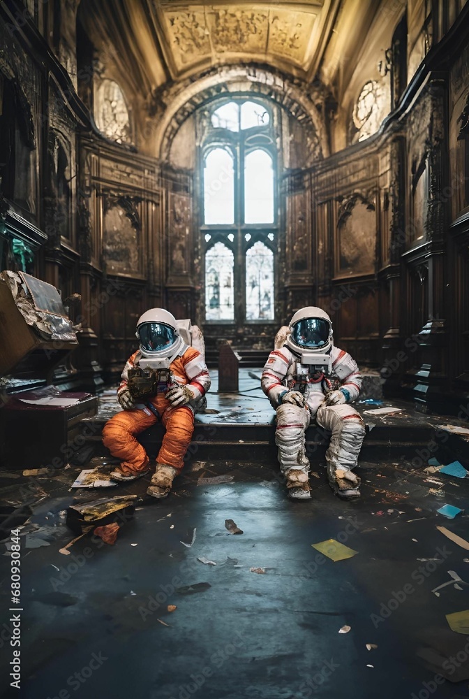 AI illustration of two astronauts sitting in a hallway with damaged flooring. AI illustration of two astronauts sitting in a hallway with damaged flooring.