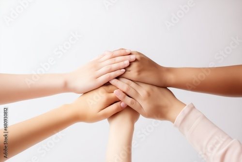 Many women hands of different races and ethnicities. United for equality. Diverse youth fighting against discrimination. White background with copy space. Generative ai.