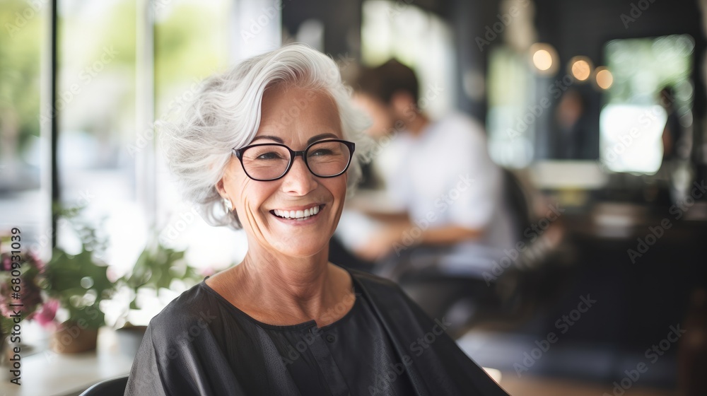 Elegant senior woman with a stylish haircut smiling in a salon, reflecting satisfaction with her hairstyling experience.Ai generated - obrazy, fototapety, plakaty 