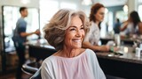 Elegant senior woman with a stylish haircut smiling in a salon, reflecting satisfaction with her hairstyling experience.Ai generated