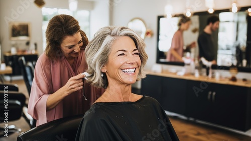 Elegant senior woman with a stylish haircut smiling in a salon, reflecting satisfaction with her hairstyling experience.Ai generated © qntn