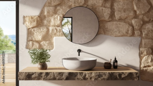 Minimalistic bathroom featuring a natural stone