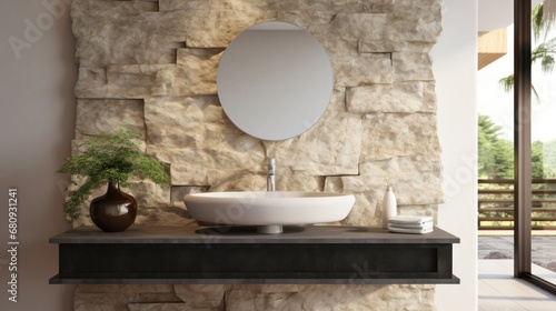 Minimalistic bathroom featuring a natural stone
