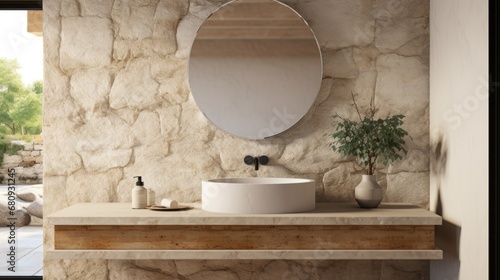 Minimalistic bathroom featuring a natural stone