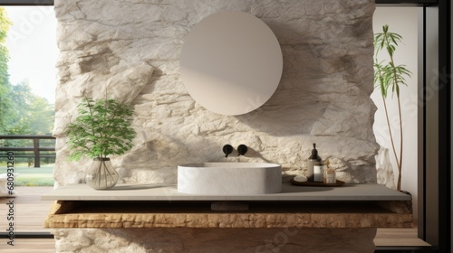 Minimalistic bathroom featuring a natural stone