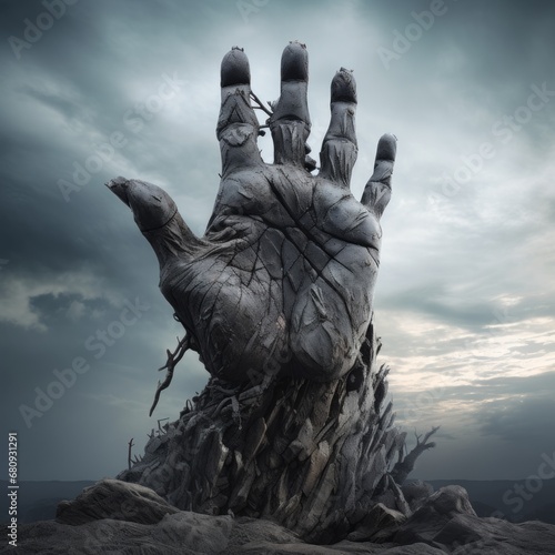 Giant hand emerging from the ground, covered in dark stone, desolate land