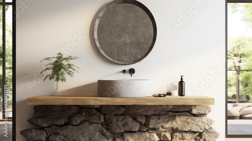 Minimalistic bathroom featuring a natural stone